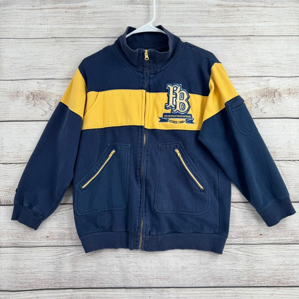 Vintage FUBU Zip Sweatshirt Kids M 12-14 Blue Yellow Oversized Logo Jacket